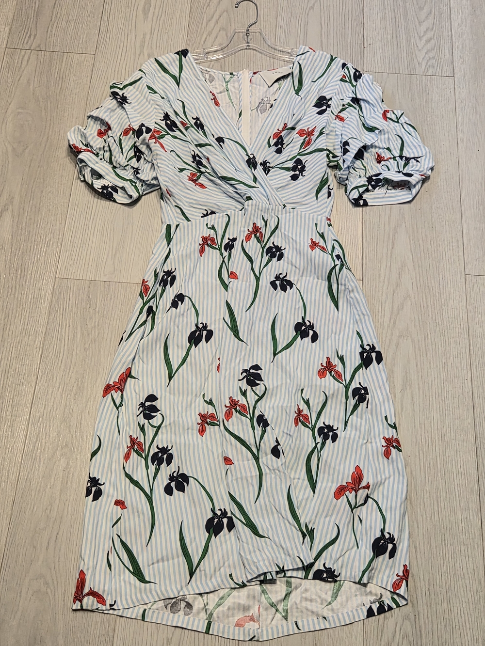 Just Female Blue-White Stripe Floral Wrap High-Low Dress